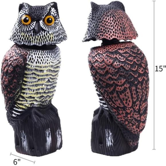 Owl Decoy to Scare Birds w/ Rotating Head, Waterproof Owl Scarecrow Bird Control - Picture 3 of 7